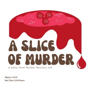 Puede incluir: Una caja de juego roja y marrón con el título "A Slice of Murder" y el texto "A Game from Murder Mystery Ink". La caja presenta un pastel rojo que gotea con glaseado blanco y frambuesas rojas.