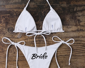 Bikini blanco personalizado con la inscripción "Novia" o "Sra." - perfecto para despedidas de soltera o lunas de miel - Tallas pequeña, mediana y grande