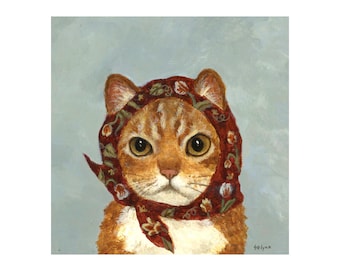 May include: A detailed painting of a ginger tabby cat wearing a red floral headscarf. The cat has large, expressive eyes and a white muzzle. The background is a soft, muted blue.