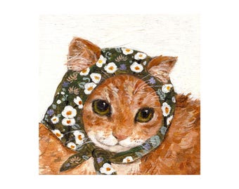 May include: A ginger cat wearing a green and white floral bonnet. The bonnet has white flowers and green leaves on a dark green background.