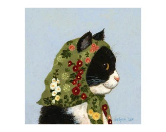 May include: A whimsical painting of a black and white cat wearing a green floral scarf. The scarf is adorned with red, white, and yellow flowers. The cat is set against a light blue background.