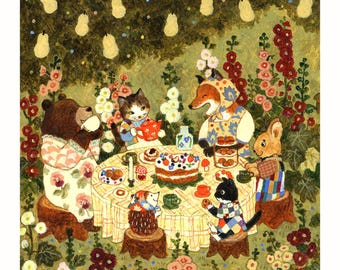 May include: A whimsical illustration of a group of animals enjoying a tea party in a garden setting. A bear, cat, fox, rabbit, and hedgehog are gathered around a table with a cake, teacups, and other treats. The scene is filled with vibrant colors and details, including flowers, leaves, and a string of lights.