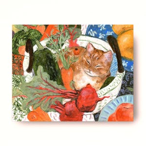 Un gato en la cesta de verduras de la abuela