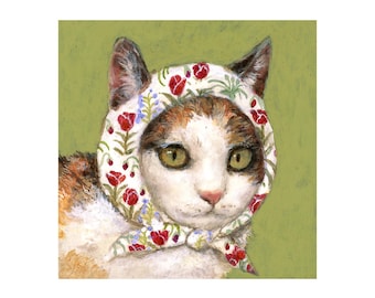 May include: A watercolor painting of a cat wearing a floral headscarf. The cat has white, orange, and brown fur, with green eyes. The headscarf is white with red flowers and green leaves. The background is a solid light green.