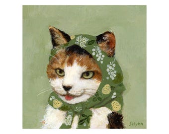 May include: A whimsical painting of a calico cat wearing a green headscarf adorned with white floral patterns. The cat has orange, white, and black fur, with its tongue slightly sticking out. The background is a soft green.