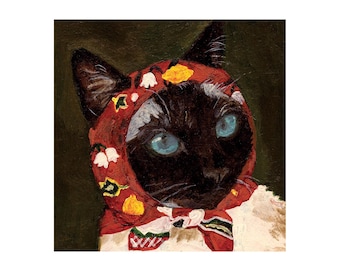 May include: A Siamese cat portrait wearing a red headscarf with floral and geometric patterns. The cat has striking blue eyes and a dark face, with a white and cream-colored chest. The background is a dark olive green.