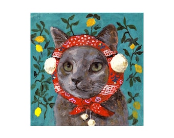 May include: A gray cat wearing a red bandana with white polka dots and white pom-poms. The cat is set against a teal background with yellow lemons and green leaves. The cat has green eyes.