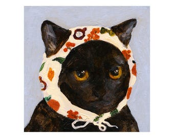 May include: A portrait of a black cat wearing a white headscarf adorned with orange and red floral patterns. The cat has large, expressive yellow eyes and a dark brown coat. The background is a light blue.