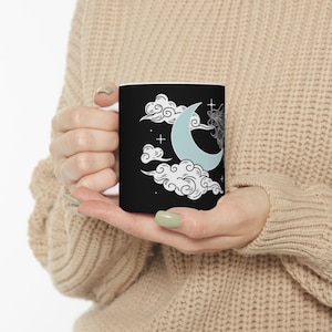 Celestial Dragon Ceramic Mug, Moon and Clouds Design, Fantasy Mug Gift, Black and White Drinkware, Unique Home Decor