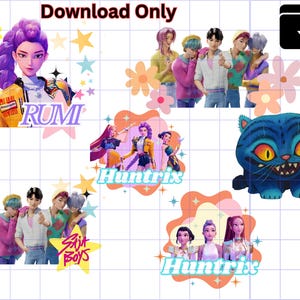 Kpop Demon Hunters Inspired Digital Stickers Pack - 7 pieces, Instant Download PNG Bundle Pack (Huntr/x, Saja Boys, Jinwoo, Rumi, Tiger)