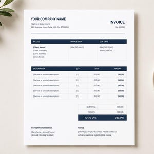 Peut inclure: Un modèle de facture professionnelle blanc avec des en-têtes bleu foncé et des champs de texte pour le nom de l'entreprise, les détails du client, les descriptions, les quantités, les taux, les montants, le sous-total, la taxe et le total.
