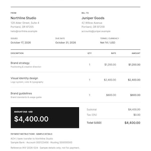 May include: A black and white invoice document from Northline Studio to Juniper Goods, invoice number INV-2026-024. It lists services including brand strategy, visual identity design, and brand guidelines with a total amount due of $4,400.00.