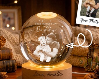 First Father’s Day Photo Crystal Ball Night Light – Personalized New Dad Gift, 1st Father’s Day Baby Keepsake, Daddy & Papa Gift
