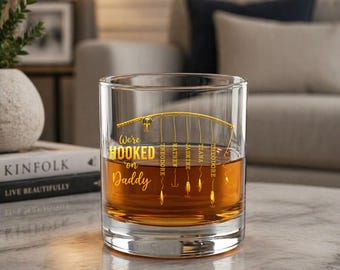 Personalized We’re Hooked On Daddy Whiskey Glass, Custom Kids Names Fishing Glass For Dad, Funny Fisherman Birthday Gift For Men