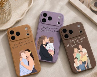Custom Faceless Portrait Leather Phone Case, Personalized Mother & Child Photo Cover, Mother's Day Gift for Mom