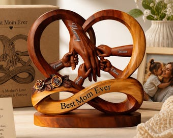 Personalized Family Hands Infinity Acrylic Block, Faux Wood Mom Plaque Decor, Meaningful Mother’s Day Gift for Mom