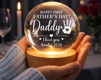 Personalized Best Dad Ever LED Crystal Ball Night Light – Custom Handprint Dad Gift, Father’s Day Gift for Dad, Grandpa & New Daddy