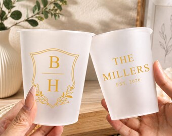 Personalized Frosted Wedding Cups, Minimalist Wedding Favors, Monogram Cups for Wedding Reception, Engagement & Bridal Party Decor