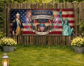 Personalized America 250th Anniversary Banner 2026, Custom Family Name Patriotic Outdoor Decor for Independence Day Celebration
