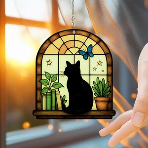 Black Cat and Book Suncatcher Ornament, Ghost Reading Book Window Decor, Cat and Plant Suncatcher, Cat Lover Gift, Book Lover Gift