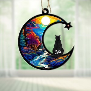 Personalized Cat Memorial Suncatcher – Custom Pet Loss Gift, Moon & Cats Design, Sympathy Gift for Cat Lovers