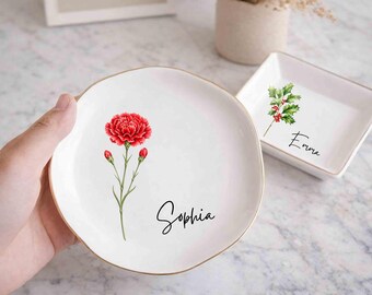 Personalized Birth Flower Jewelry Dish, Custom Watercolor Ring Dish, Bridesmaid Proposal Gift, Birth Month Trinket Tray, Gift for Mom