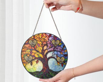 Personalized Tree of Life Stained Glass Suncatcher – Custom Family Tree with Kids’ Names, Unique Mother's Day Gift for Mom