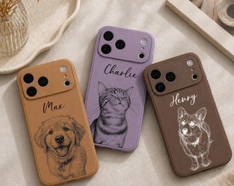 Custom Pet Portrait Phone Case, Personalized Leather Cover for Dog Mom & Cat Dad, Unique Pet Lover Birthday Gift