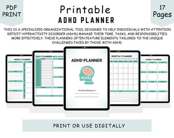 May include: Printable ADHD planner with 17 pages. The planner includes a weekly, daily, monthly, and yearly planner. The cover features a brain with the word "ADHD" on it. The text "This book belongs to" is below the brain. The text "Print or use digitally" is at the bottom of the image.
