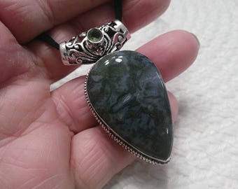 MOSS AGATE and PERIDOT Handmade Sterling 925 Pendant on a Black Cord #464F