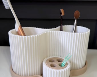 Moderner Zahnputzhalter | 3D gedruckter Zahnbürsten- und Make-up-Pinselhalter | Minimale Waschtischaufbewahrung | Neutral Badezimmer Dekor