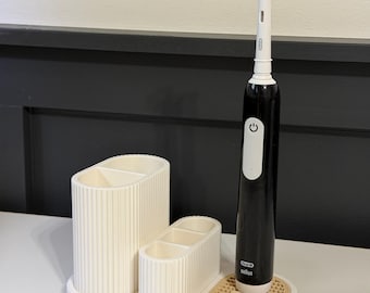 Minimalist Bathroom Organizer | 3D Printed Toothbrush & Makeup Brush Holder | Modern Vanity Storage | Neutral Bathroom Decor - Oral B
