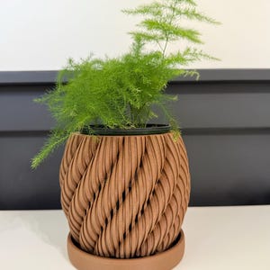 Orchid Planter 3D Printed with Drainage Tray Wood PLA Twisted Design Plant Pot