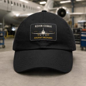 Personalized Aviation Hat, Custom Name and Profession Leather Patch Cap, Aircraft Mechanic Gift, Pilot Engineer Airplane Lover Baseball Hat