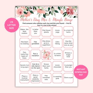Mothers Day Bingo | Mothers Day Games | Mix And Mingle Bingo | Find Someone Who Bingo | Mother Day Party Game|  | Instant Download  | PDF