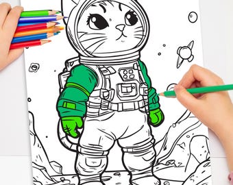 May include: A black and white line drawing of a cat wearing an astronaut suit. The cat is standing on a moon-like surface with craters. The cat has a large, round helmet with a visor. The cat is wearing a spacesuit with a belt and a backpack. The cat is looking to the right.