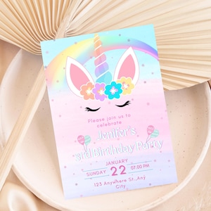 Convite de aniversário de unicórnio arco-íris editável modelo Canva download digital 5x7 PDF cartão de aniversário para menina