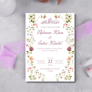 Invitación digital de boda musulmana con flores silvestres. Tarjeta de boda islámica minimalista. Invitación árabe y pakistaní. Plantilla Canva para Nikkah, Barat y Walima.