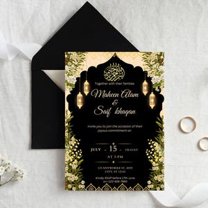 Faire-part de mariage musulman illustré numériquement, carte de mariage islamique florale, invitation arabe et pakistanaise Modèle Canva pour Nikkah, Barat, Walima.