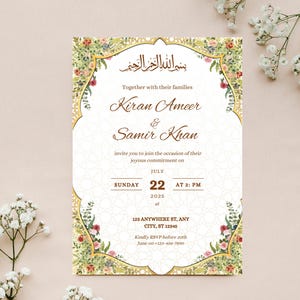 Bewerkbare moslim Nikkah-uitnodiging minimale bloemen islamitische trouwkaart Arabische en Pakistaanse uitnodiging Canva-sjabloon voor Nikkah, Barat, Walima