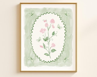 Modern Southern Botanical Print | Grandmillennial Digital Download | Elegant Preppy Classic Chinoiserie Decor | Feminine  Green & Pink