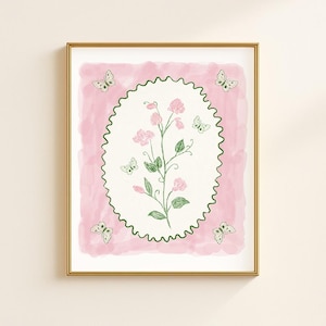 Moderne zuidelijke botanische print | Digitale download Grandmillennial | Elegant preppy klassiek chinoiserie-decor | Vrouwelijk lichtblauwgroen