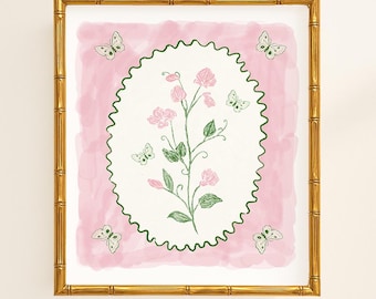 Modern Southern Botanical Print | Grandmillennial Digital Download | Elegant Preppy Classic Chinoiserie Decor | Feminine Light Blue Green