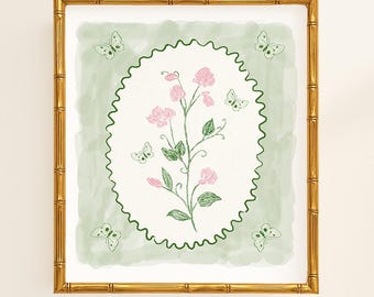 Modern Southern Botanical Print | Grandmillennial Digital Download | Elegant Preppy Classic Chinoiserie Decor | Feminine  Green & Pink