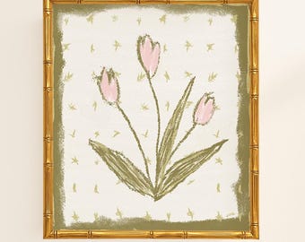 Modern Southern Botanical Print | Grandmillennial Digital Download | Elegant Preppy Classic Chinoiserie Decor | Pink and Green Tulip Floral