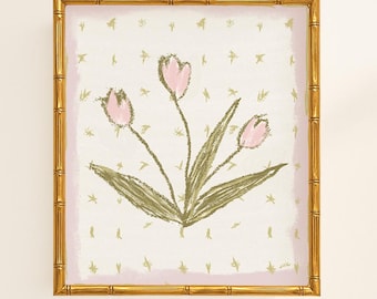 Modern Southern Botanical Print | Grandmillennial Digital Download | Elegant Preppy Classic Chinoiserie Decor | Pink and Green Tulip Floral