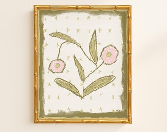 Modern Southern Botanical Print | Grandmillennial Digital Download | Elegant Preppy Classic Chinoiserie Decor | Pink and Green Floral Art