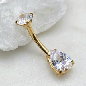 14g 10mm Internal Threads 316L Surgical Steel White CZ Prong Set Curved Gold PVD Plated Navel Belly Piercing Ring