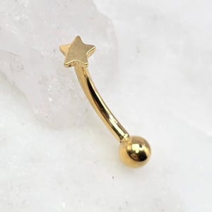 Titanium Threadless 16g 8mm Curved Eyebrow Ashley Rook Gold PVD Plated Vertical labret Star Push Fit with Fixed Ball on the End