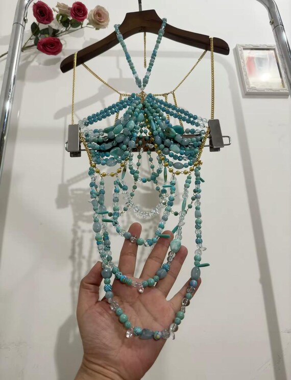 Blue Green Crystal Body Chain - Mermaid Costume Bra Top For Rave, Festival, Burlesque